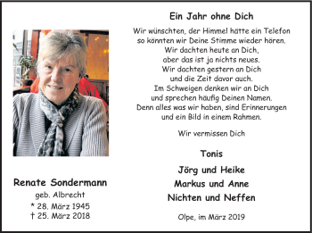 Todesanzeige von Renate Sondermann von HSK