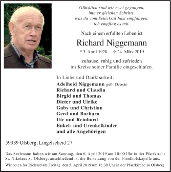 Todesanzeige von Richard Niggemann von HSK