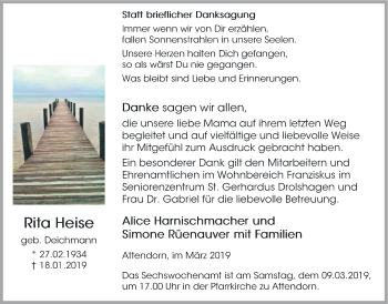 Todesanzeige von Rita Heise von HSK