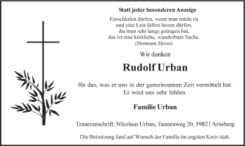 Todesanzeige von Rudolf Urban von HSK