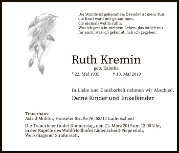 Todesanzeige von Ruth Kremin von MZV