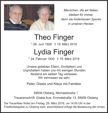 Todesanzeige von Theo Finger von HSK