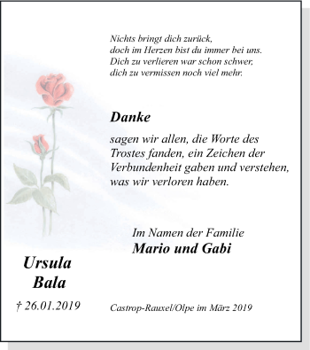 Todesanzeige von Ursula Bala von HSK