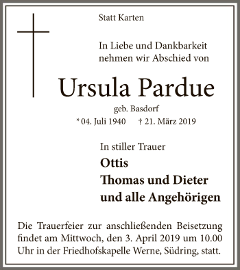 Todesanzeige von Ursula Pardue von MZV