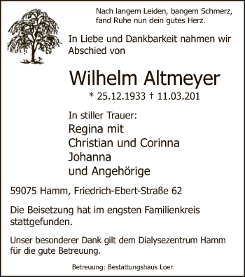 Todesanzeige von Wilhelm Altmeyer von MZV