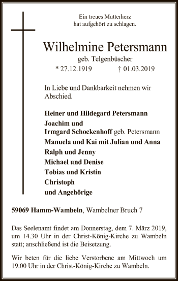 Todesanzeige von Wilhelmine Petersmann von MZV
