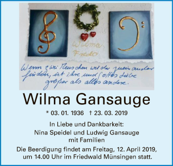 Todesanzeige von Wilma Gansauge von MZV