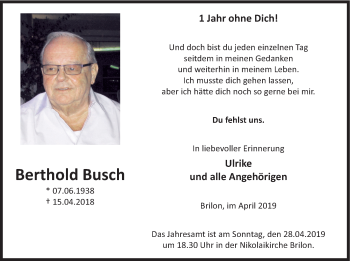 Todesanzeige von Berthold Busch von HSK