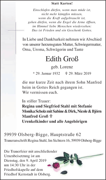 Todesanzeige von Edith Groß von HSK