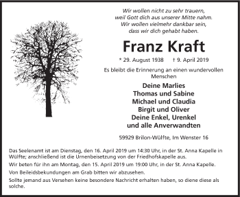 Todesanzeige von Franz Kraft von HSK