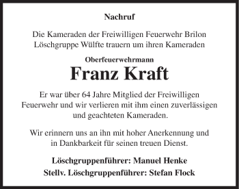Todesanzeige von Franz Kraft von HSK