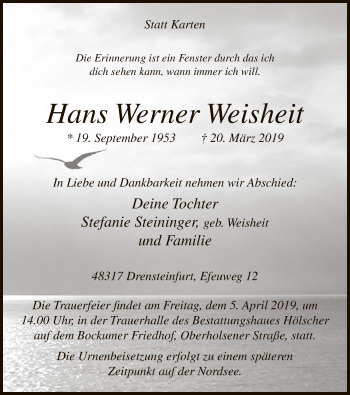 Todesanzeige von Hans Werner Weisheit von MZV