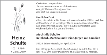 Todesanzeige von Heinz Schulte von HSK