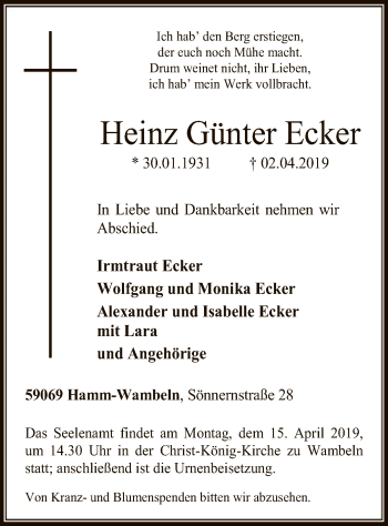 Todesanzeige von Heinz Günter Ecker von MZV