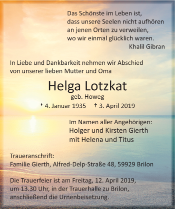 Todesanzeige von Helga Lotzkat von HSK