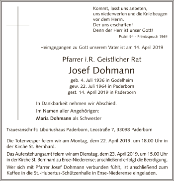 Todesanzeige von Josef Dohmann von MZV