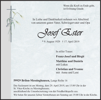 Todesanzeige von Josef Ester von HSK