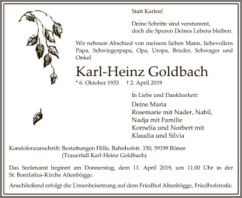 Todesanzeige von Karl-Heinz Goldbach von MZV