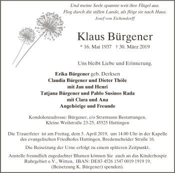 Todesanzeige von Klaus Bürgener von MZV