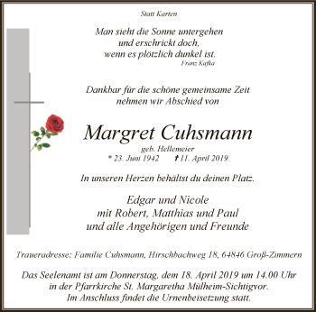 Todesanzeige von Margret Cuhsmann von MZV