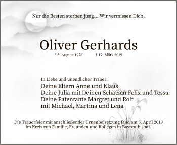 Todesanzeige von Oliver Gerhards von MZV