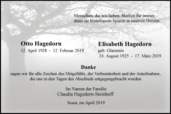 Todesanzeige von Otto und Elisabeth Hagedorn von MZV