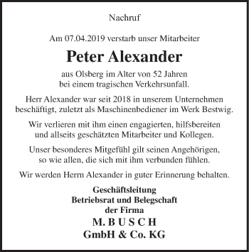 Todesanzeige von Peter Alexander von HSK