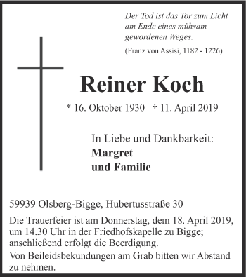 Todesanzeige von Reiner Koch von HSK