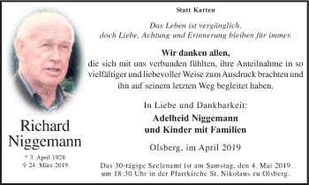 Todesanzeige von Richard Niggemann von HSK