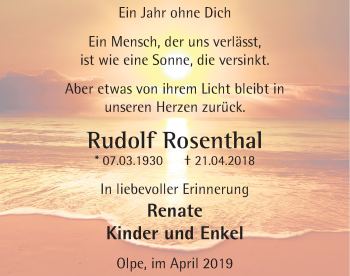 Todesanzeige von Rudolf Rosenthal von HSK