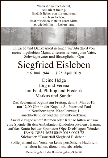 Todesanzeige von Siegfried Eisleben von MZV