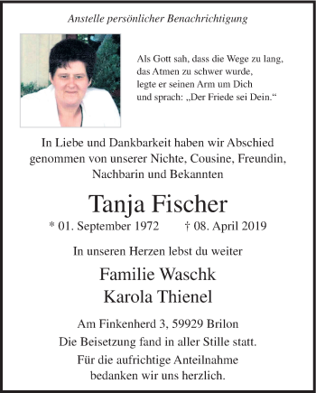 Todesanzeige von Tanja Fischer von HSK
