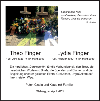 Todesanzeige von Theo und Lydia Finger von HSK