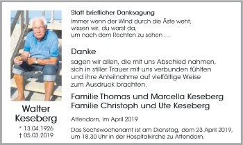 Todesanzeige von Walter Keseberg von HSK
