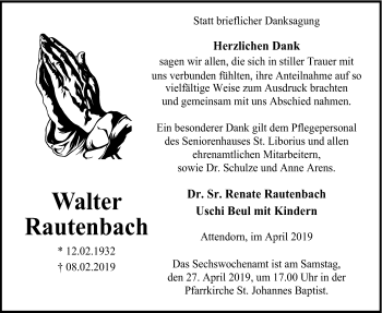 Todesanzeige von Walter Rautenbach von HSK