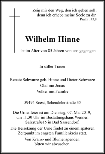 Todesanzeige von Wilhelm Hinne von MZV