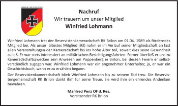 Todesanzeige von Winfried Lohmann von HSK