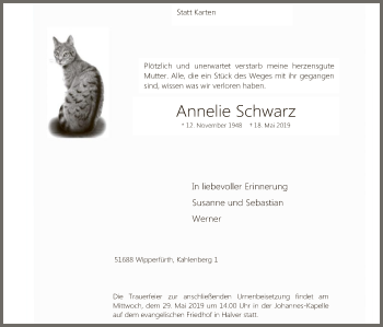 Todesanzeige von Annelie Schwarz von MZV