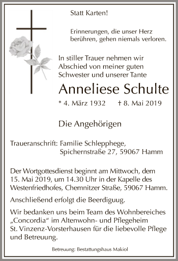 Todesanzeige von Anneliese Schulte von MZV