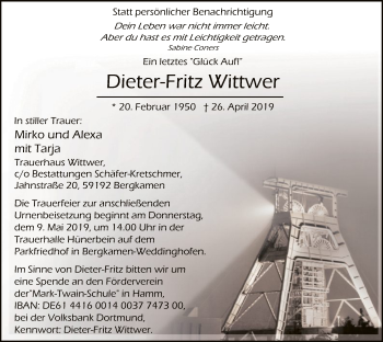 Todesanzeige von Dieter-Fritz Wittwer von MZV