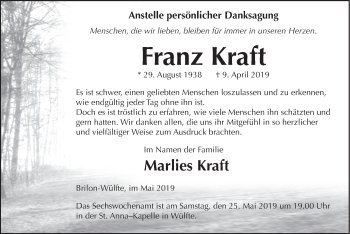 Todesanzeige von Franz Kraft von HSK