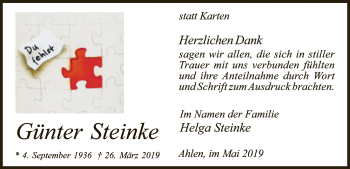 Todesanzeige von Günter Steinke von MZV