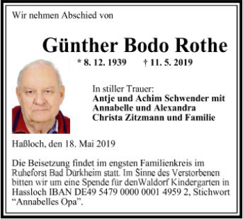 Todesanzeige von Günther Bodo Rothe von MZV