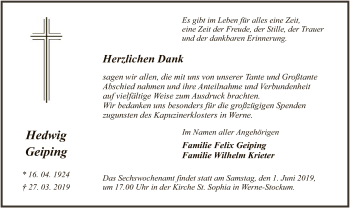 Todesanzeige von Hedwig Geiping von MZV