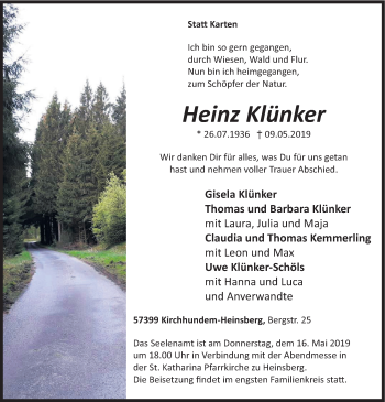 Todesanzeige von Heinz Klünker von HSK