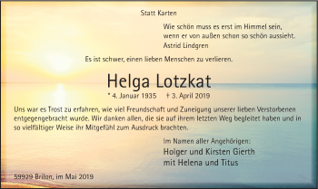 Todesanzeige von Helga Lotzkat von HSK