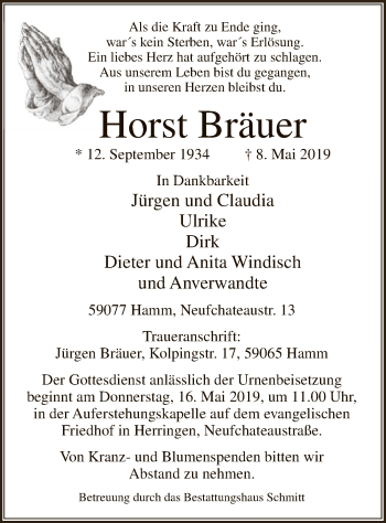 Todesanzeige von Horst Brauer von MZV