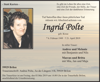 Todesanzeige von Ingrid Polte von HSK