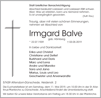 Todesanzeige von Irmgard Balve von HSK