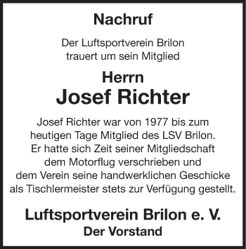 Todesanzeige von Josef Richter von HSK